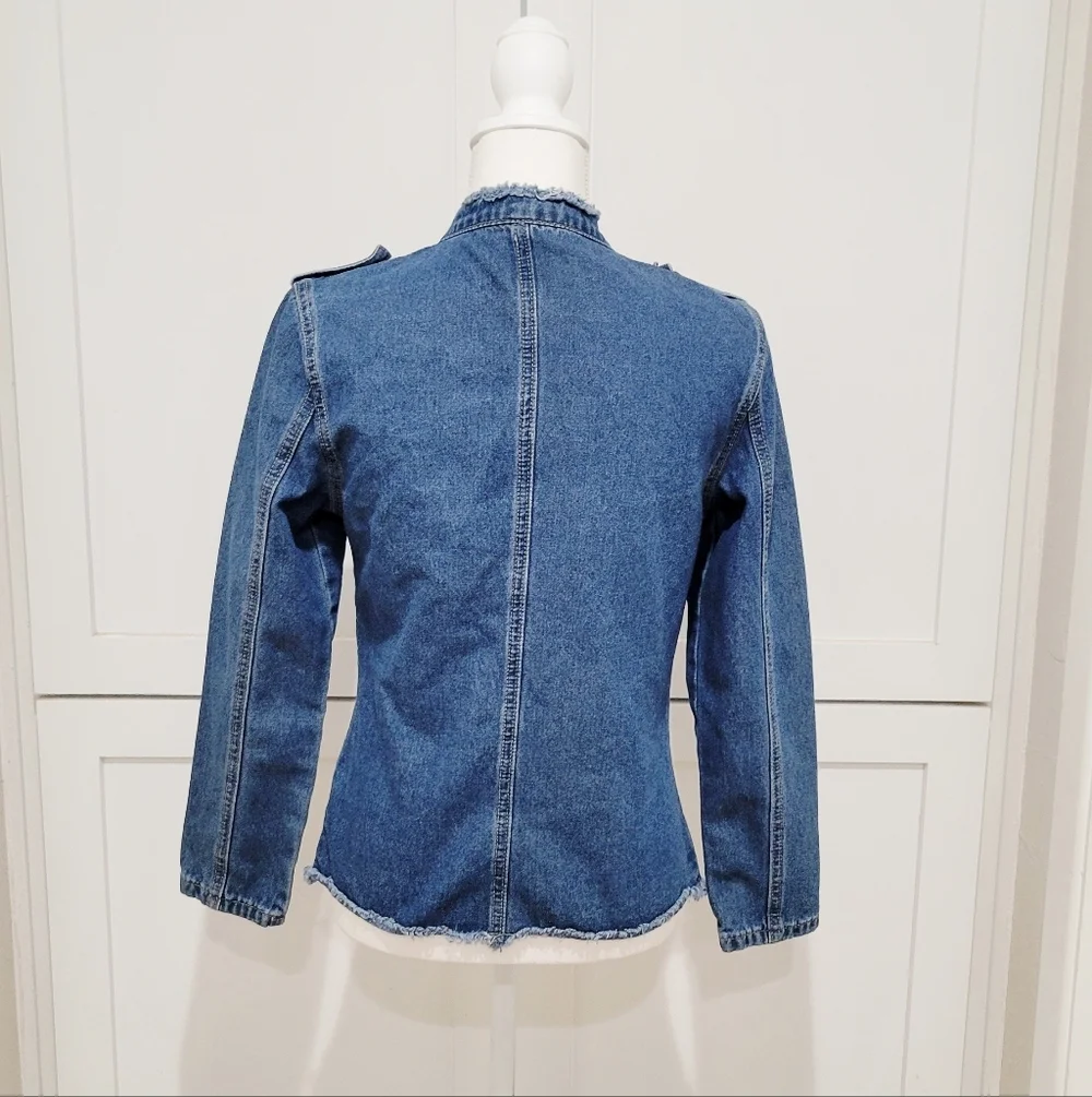 Open Front Denim Military-Style Jacket - Blue | Size Small - Picture 3 of 5